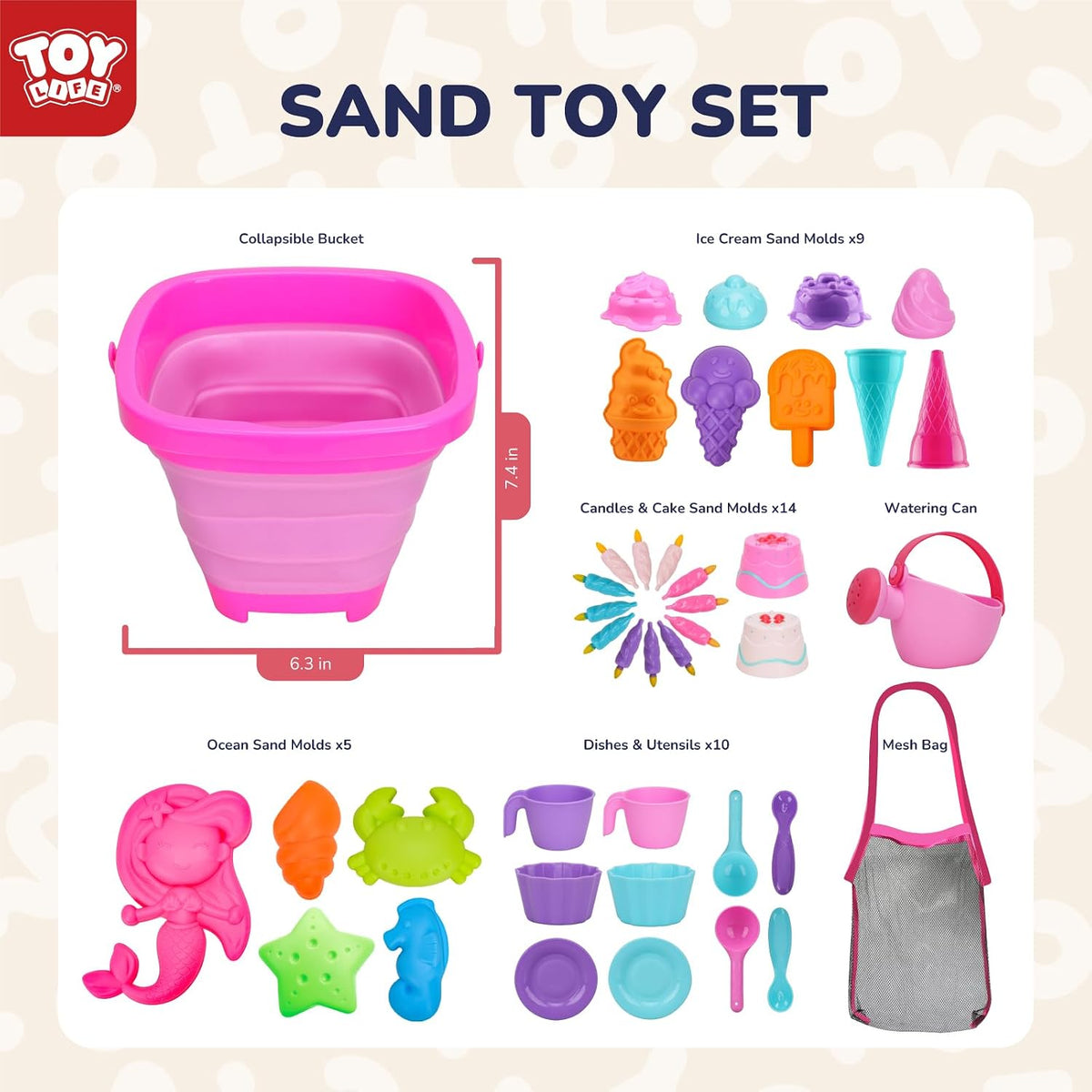 TOY Life 41 piezas de juguetes de playa para niños de 4 a 8 años, juguetes de arena plegables para niños pequeños con cubo de silicona, palas y kit de construcción de castillos de arena, juguete de
