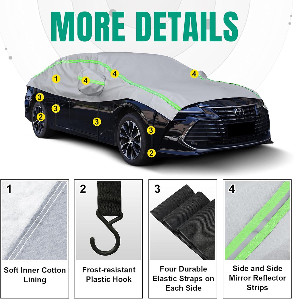 Funda para automóvil con tira reflectante verde, protector de granizo con forro de algodón, cubierta de parabrisas para hielo y nieve, cubierta de carrocería para todo tipo de clima para sol, lluvia, polvo