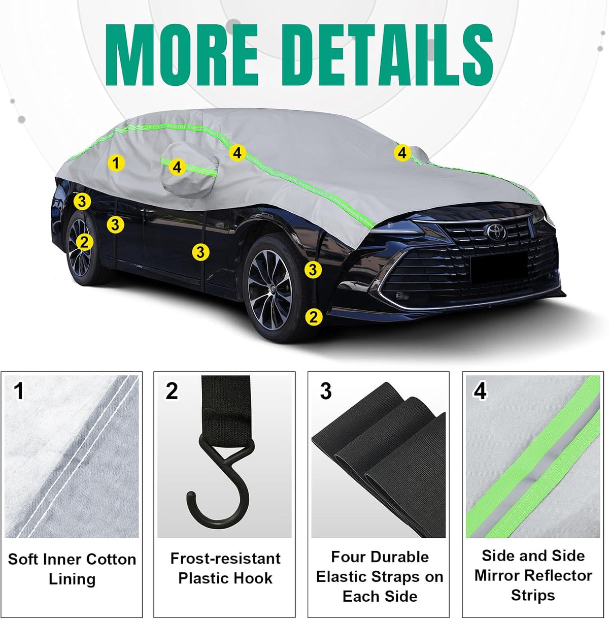 Funda para automóvil con tira reflectante verde, protector de granizo con forro de algodón, cubierta de parabrisas para hielo y nieve, cubierta de carrocería para todo tipo de clima para sol, lluvia, polvo