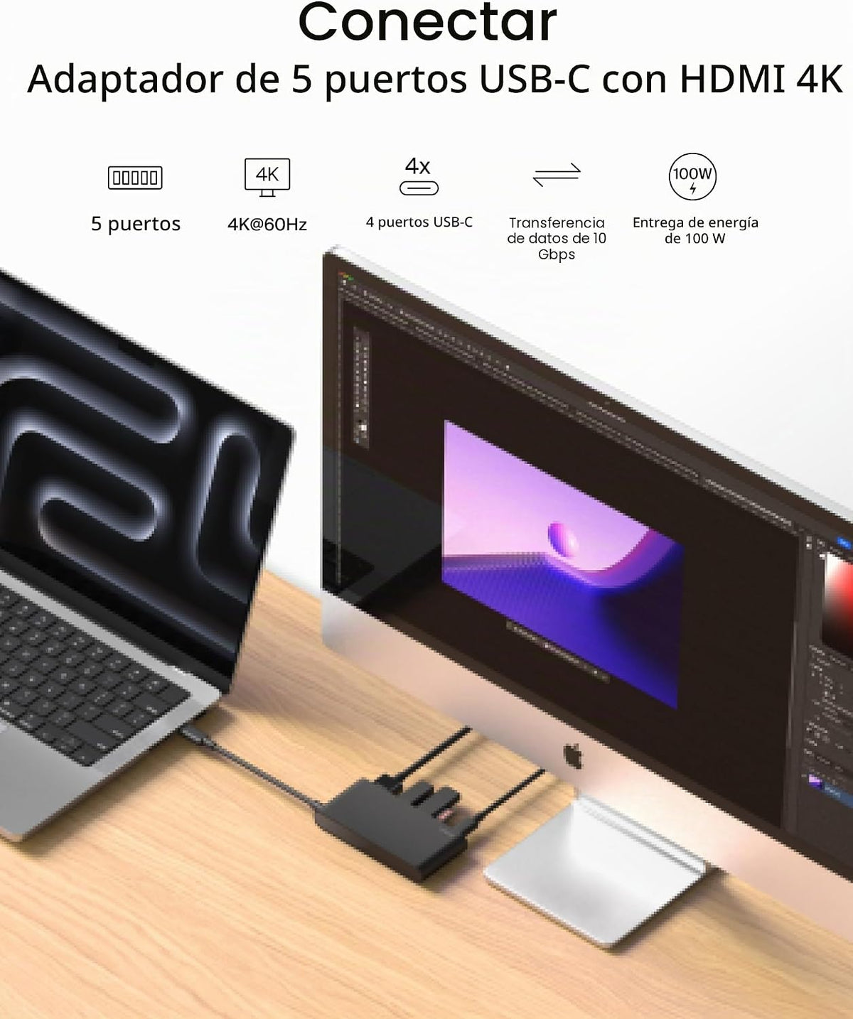 Belkin USB C Hub, Hub de 5 puertos con pantalla HDMI 4K a 60Hz, entrega de alimentación de 100W, transferencia rápida de datos 10Gbps, adaptador multipuerto USB C - Compatible con MacBook, iPad Pro