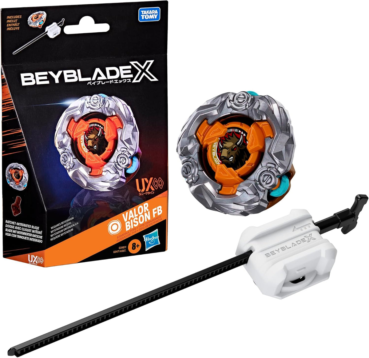 Hasbro Beyblade X Valor Bison FB UX Infinity Starter Pack Set, Takara Tomy Spinning Top (tipo resistencia) y arrancador, juego Battle Spinner, juguete, a partir de 8 años
