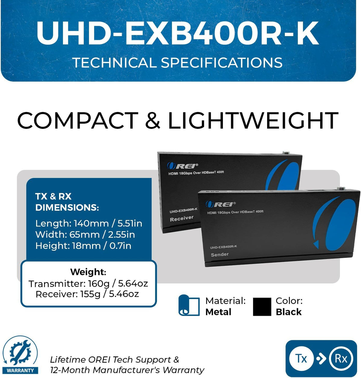OREI Extensor HDMI HDBaseT 400ft - 4K2K@60Hz RS-232 HDR bidireccional IR