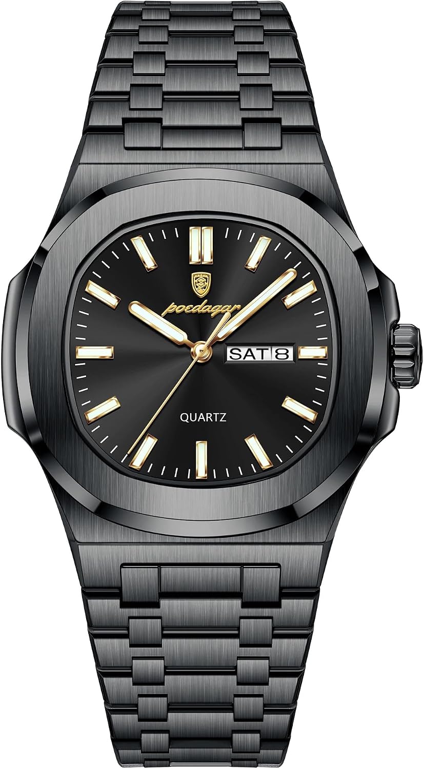 Poedagar Relojes de cuarzo para hombre, de moda, cuadrado, clásico, impermeable, luminoso, fecha, semana, acero inoxidable, reloj de pulsera para hombre