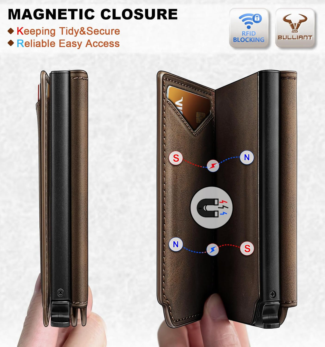 BULLIANT Billetera de cuero para hombre, tarjetero con clip para di...