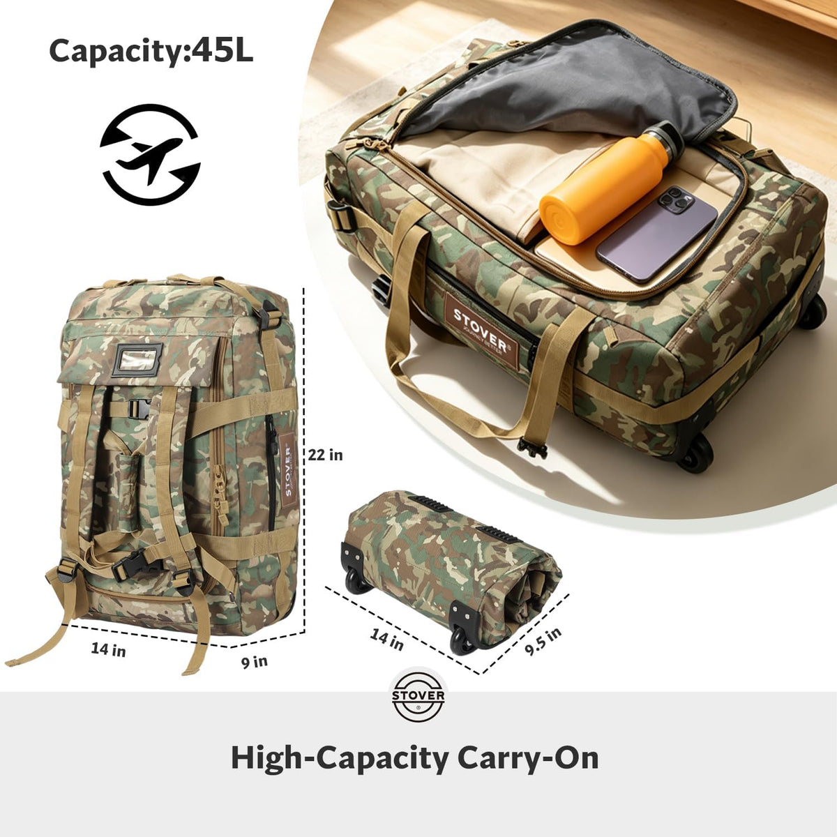 45/80/100/120L Bolsa de lona con ruedas, bolsa de viaje grande y duradera + bolsa de aseo personal, resistente, plegable con correas para el hombro, uso como equipaje o mochila, hombres/mujeres