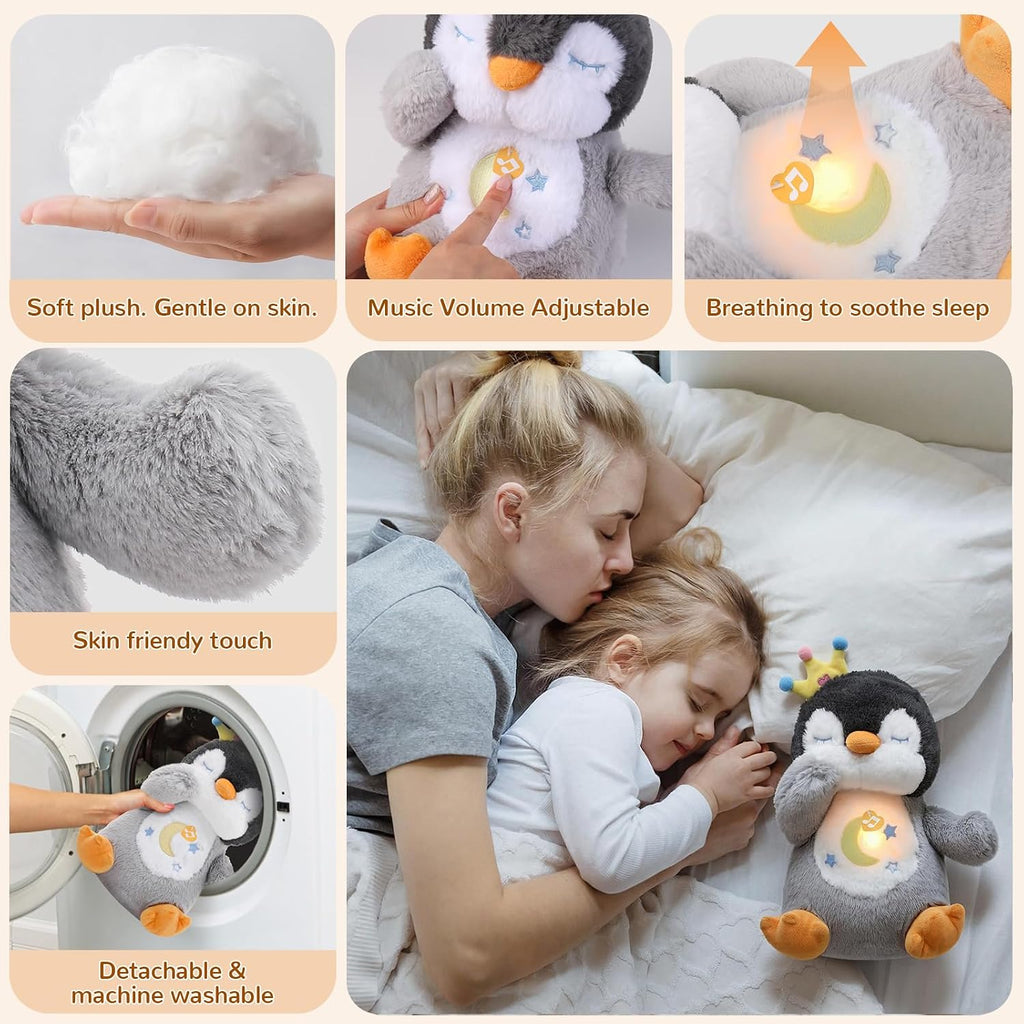 Peluche de pingüino que respira con música suave y ligera para