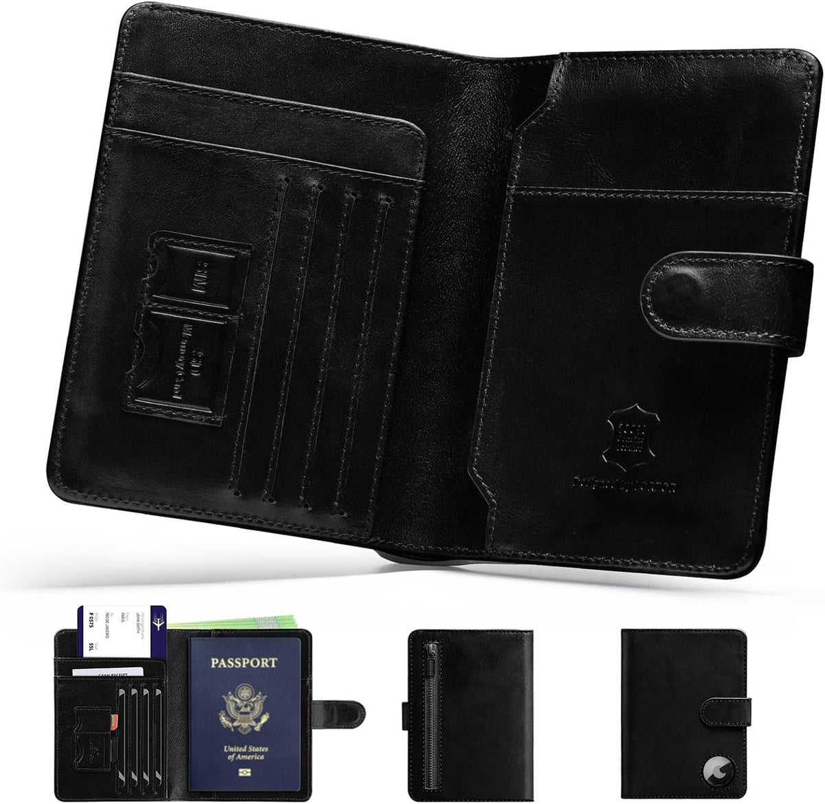 Soporte para pasaporte para viaje: funda de pasaporte de cuero de grano completo con soporte para Airtag hebilla magnética para hombres - Billetera plegable con bloqueo RFID para billete aéreo