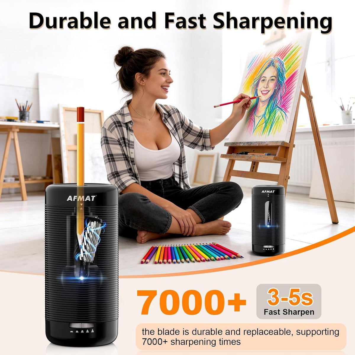 AFMAT PSC2 Sacapuntas eléctrico, sacapuntas totalmente automático, entrada y salida automática, sacapuntas manos libres recargables para lápices jumbo y de colores (0.23-0.47 pulgadas), portátil para