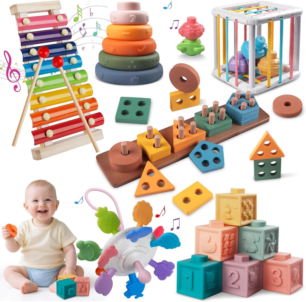 Set de Juguetes Montessori 6-en-1 para Bebés con Clasificador de Formas de Madera, Xilófono y Mordedor