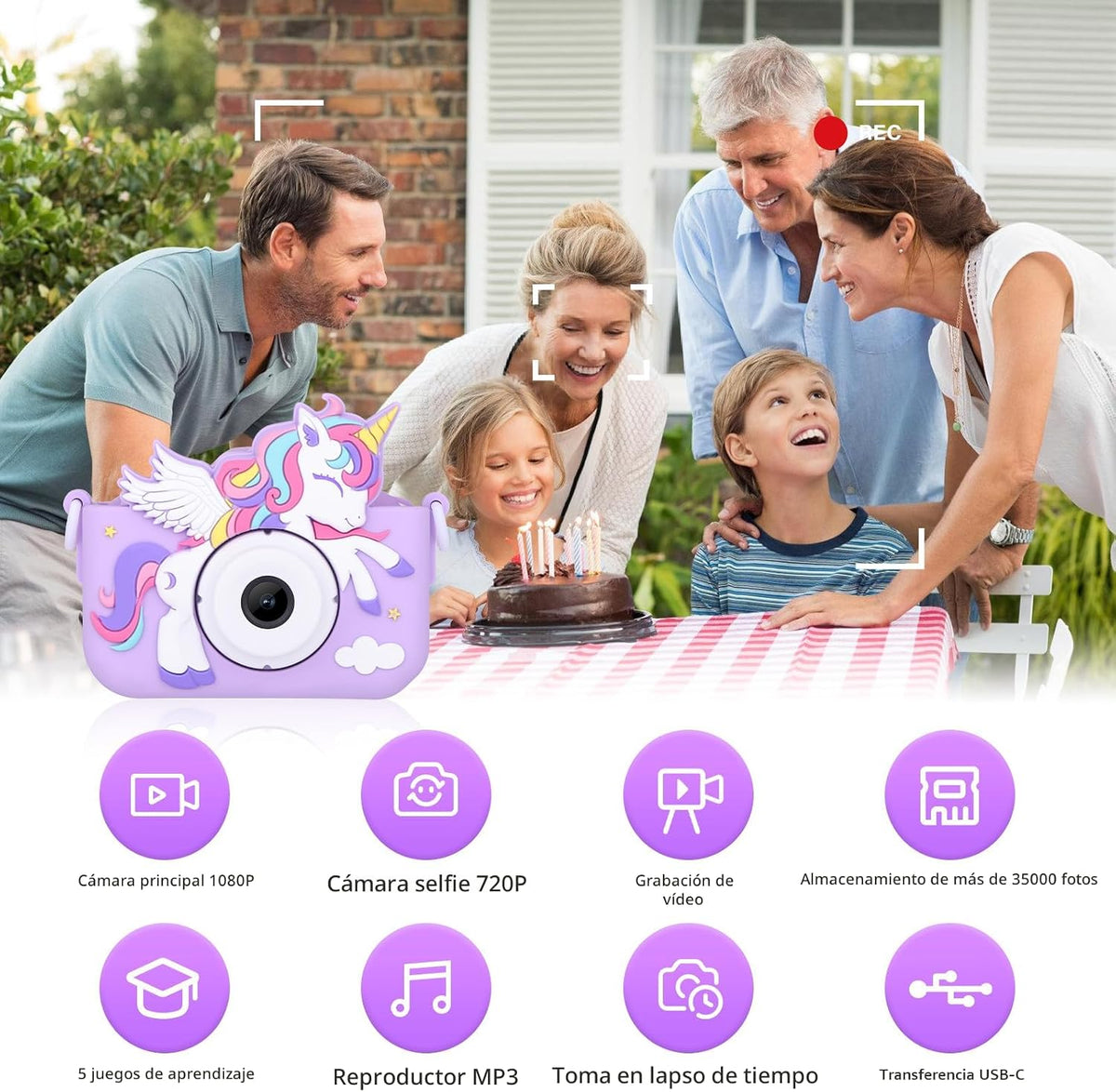 Unicorn Toys - Cámara para niños y niñas de 3 a 8 años, color morado