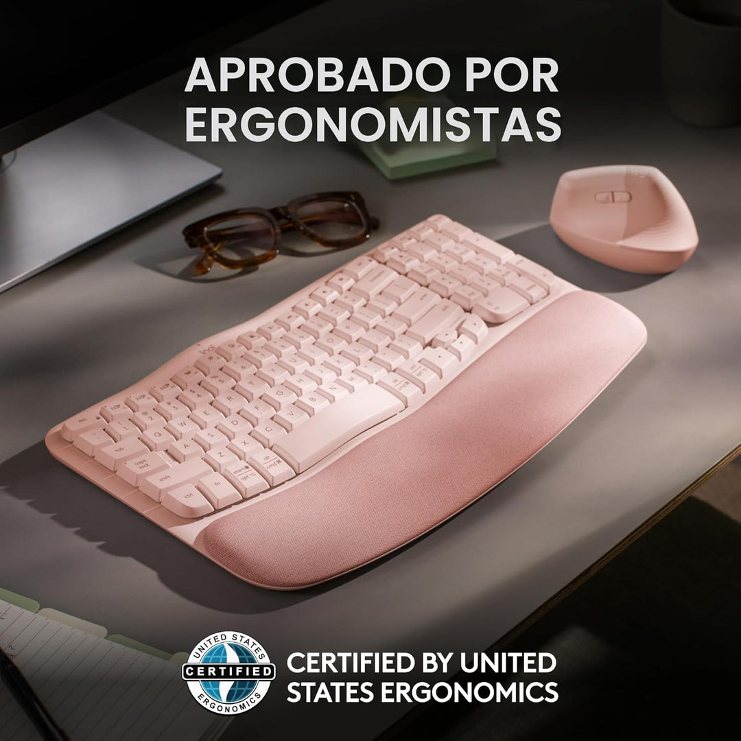 Logitech Wave Keys - Teclado inalámbrico ergonómico con reposamuñec...