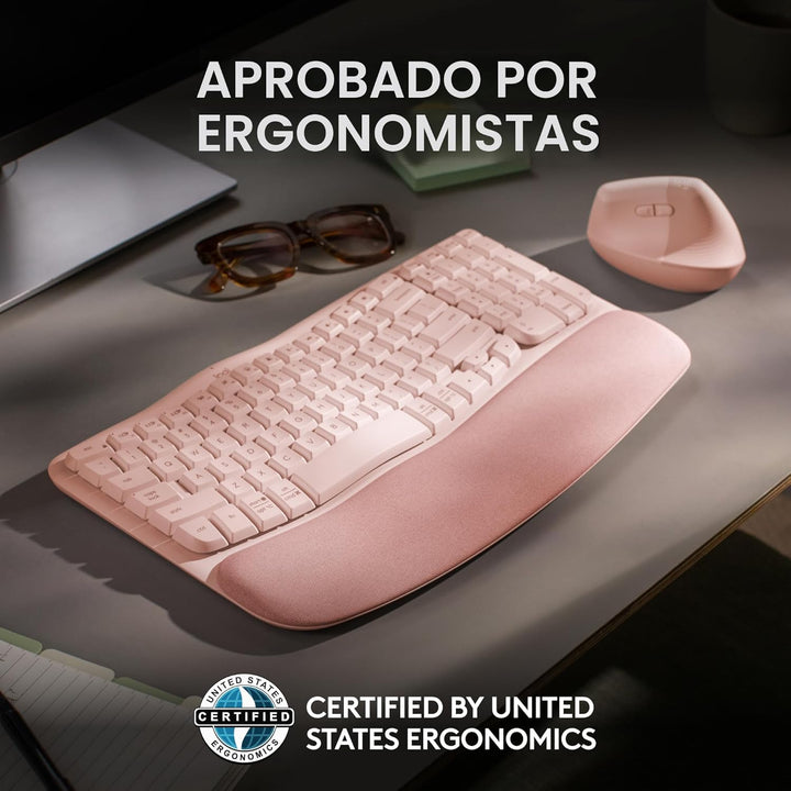 Logitech Wave Keys - Teclado inalámbrico ergonómico con reposamuñec...