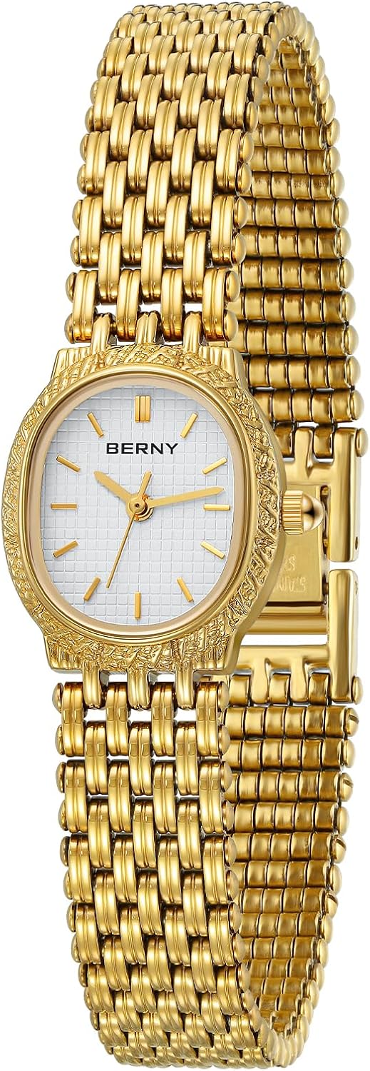 BERNY Relojes dorados para mujer, estilo vintage, reloj de pulsera de lujo, pequeño, ovalado, de cuarzo, con herramientas incluidas