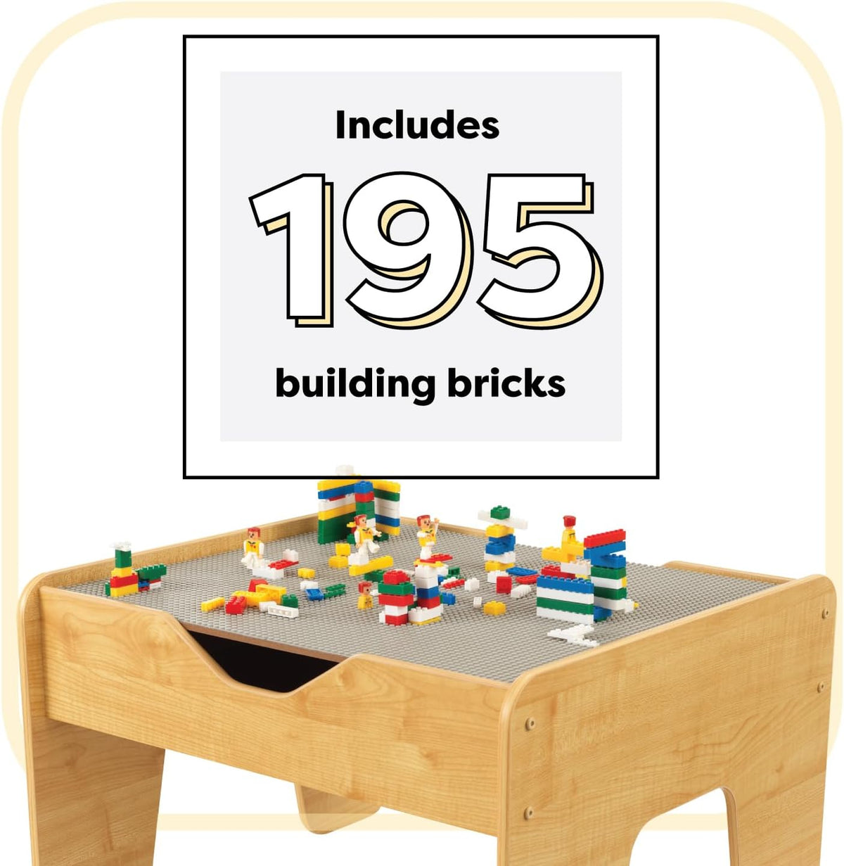 KidKraft Mesa de actividades reversible de madera con tabla con 195 ladrillos de construcción, gris y natural, regalo para mayores de 3 años
