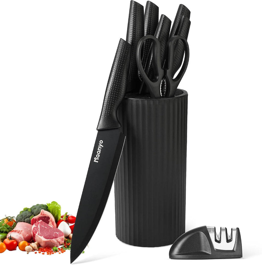 Juego de cuchillos de cocina de 8 piezas con afilador, bloque de cuchillos universal, cuchillas de acero inoxidable, diseño ergonómico, resistentes al óxido