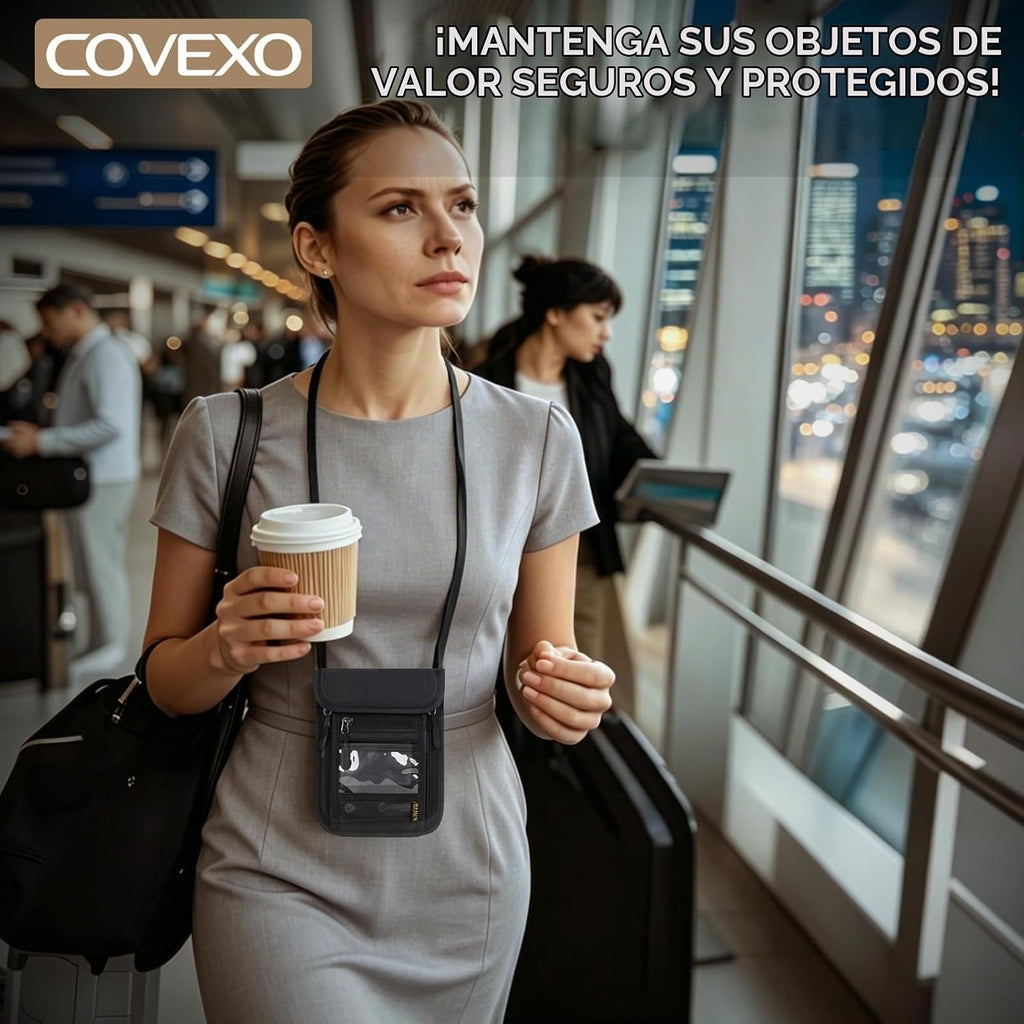 Cartera de cuello con bloqueo RFID, bolsa oculta para pasaporte de viaje, oculta debajo de la ropa, seguridad antirrobo, ajustable y ligera para vacaciones, aeropuertos, Negro, Bolsa de cuello
