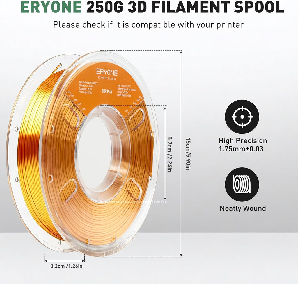 ERYONE Filamento PLA de seda para impresora 3D de 0.07 in +\/-0.001...