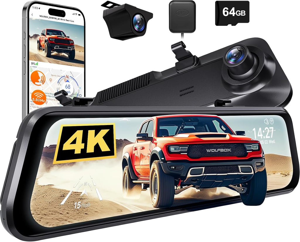WOLFBOX Cámara de tablero con espejo G850 PRO 4K con ADAS y BSD