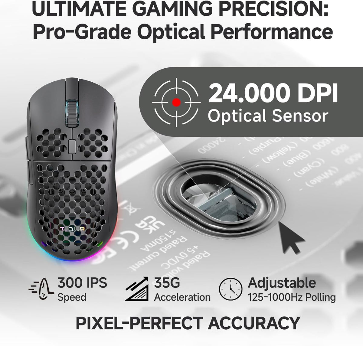 TMKB - Mouse inalámbrico para juegos, sensor óptico de 24000 DPI, b...