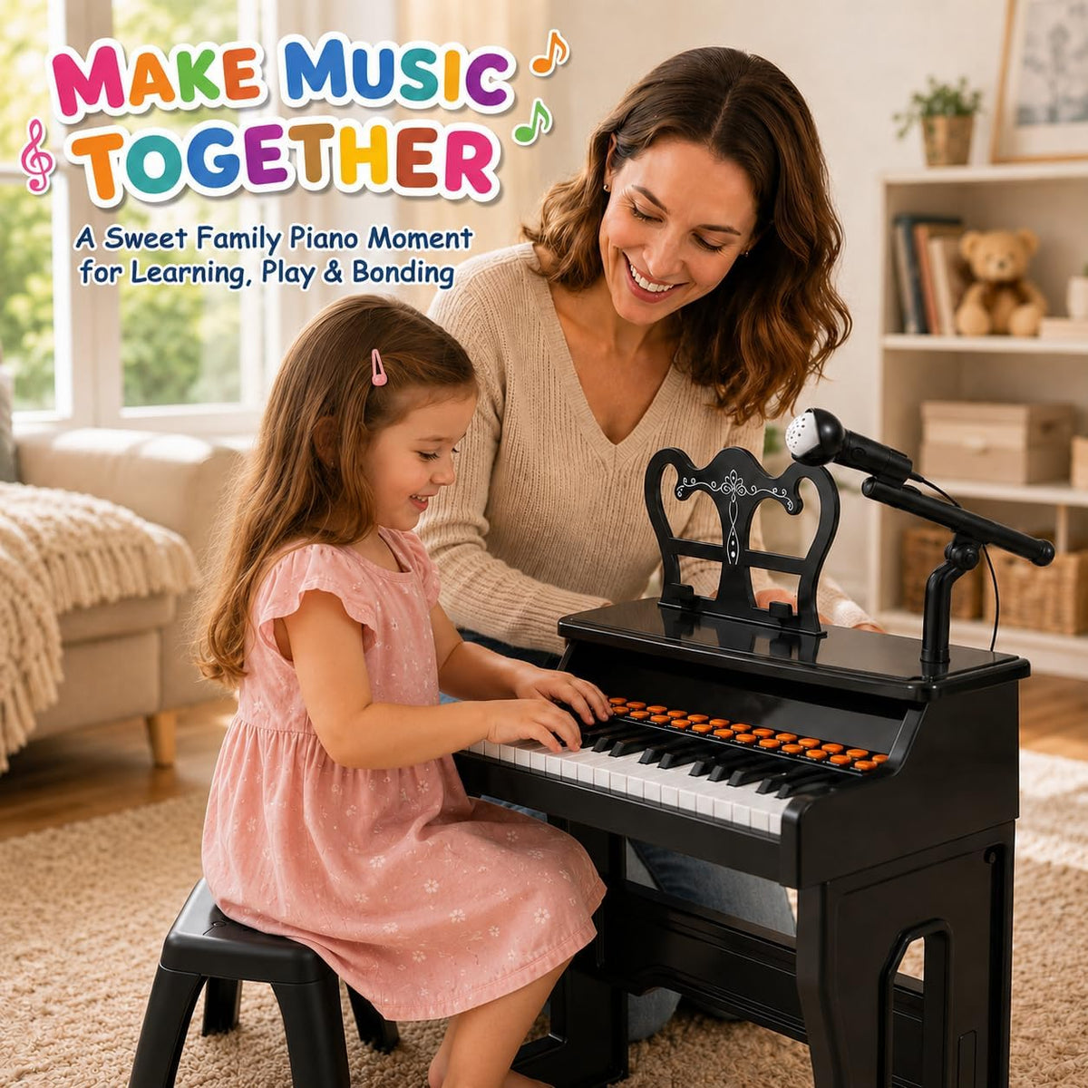 Teclado de piano para niños, teclado musical eléctrico de 37 teclas con micrófono, soporte y taburete, juguetes de piano para principiantes de 3, 4, 5, 6 años, regalo de cumpleaños para niñas y niños