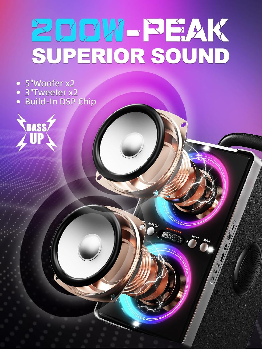 YIER - Altavoz Bluetooth, sonido estéreo fuerte de 200 W de pico co...