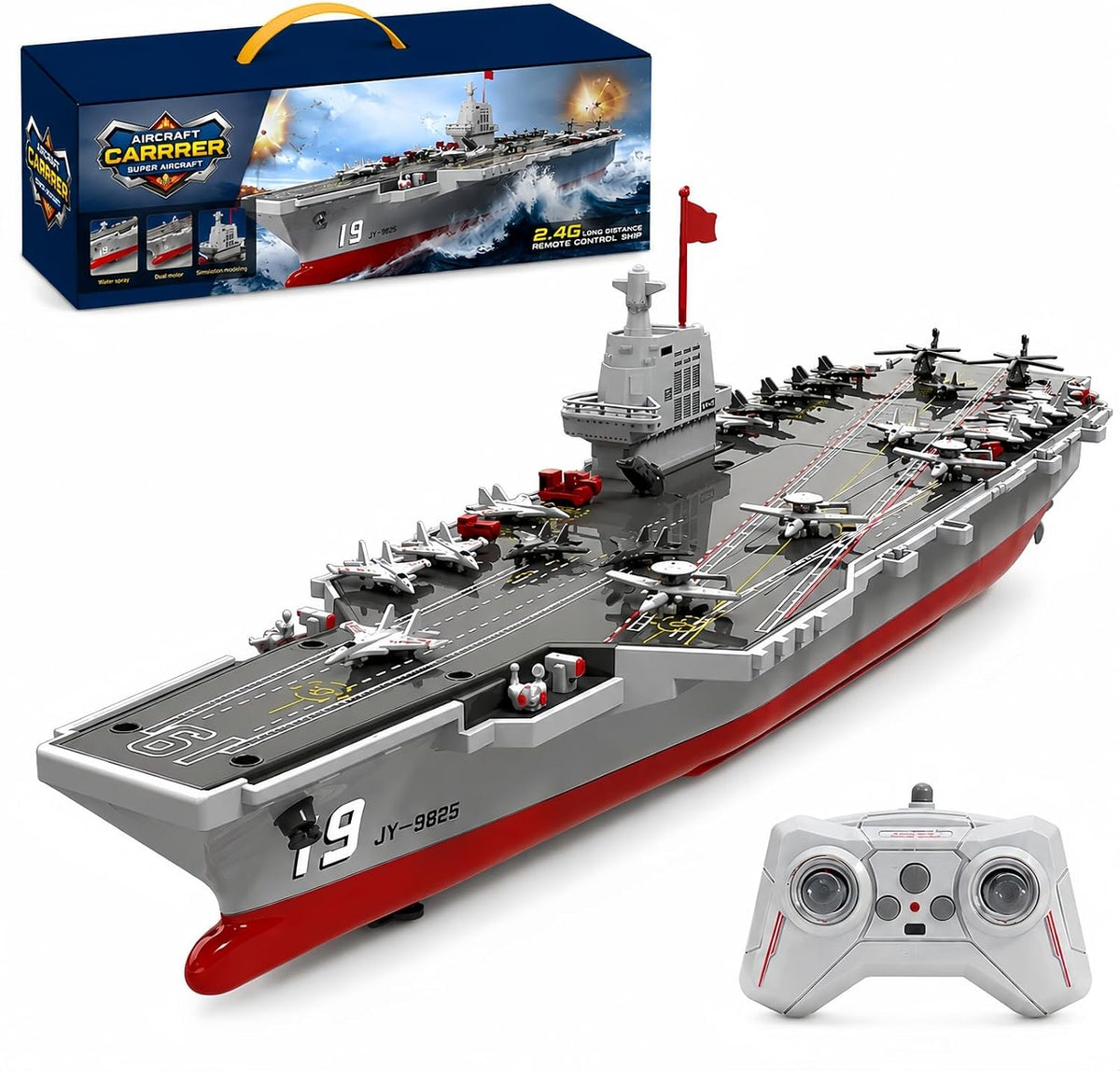 Barco a control remoto con rociador de agua, buque de guerra de 16 pulgadas con 2 baterías recargables, 15 mph de doble motor a control remoto barco militar para piscina y lago, muestra un