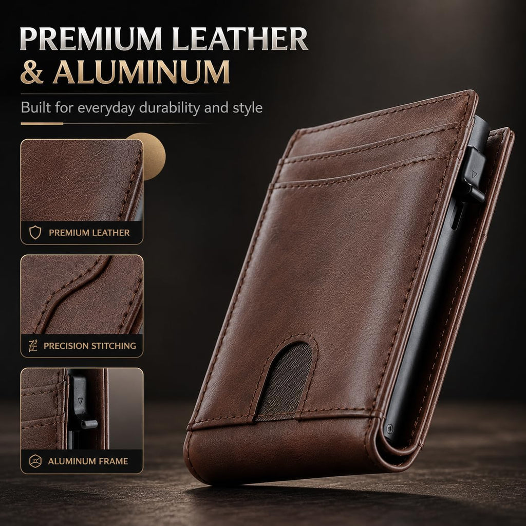 Cartera desplegable para hombre, cartera de piel con bloqueo RFID y tarjetero de aluminio, Marrón, Classic