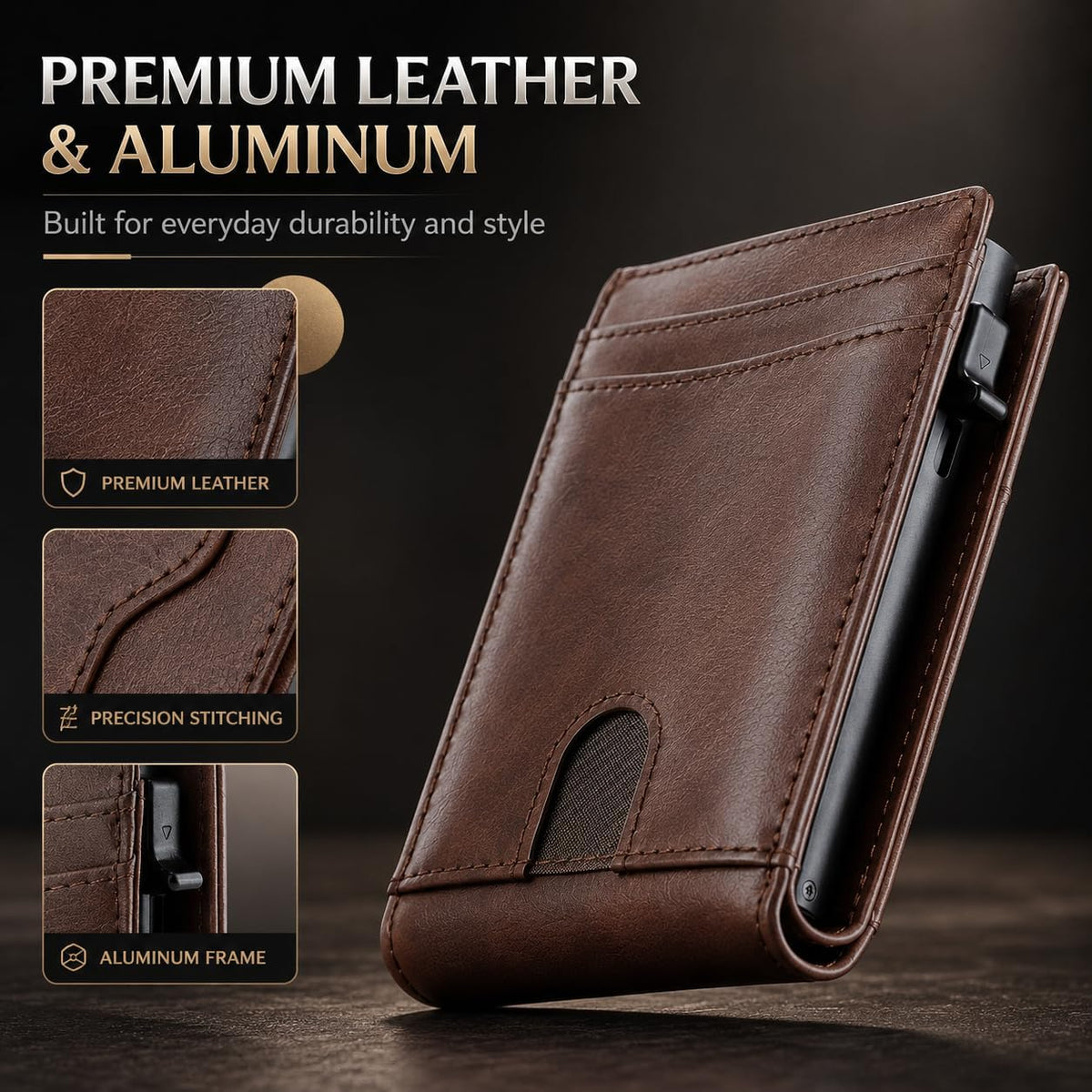 Cartera desplegable para hombre, cartera de piel con bloqueo RFID y tarjetero de aluminio, Marrón, Classic