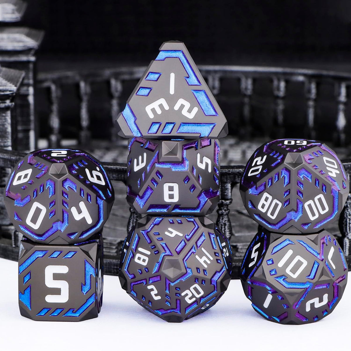 Juego de dados de ciencia ficción DND de metal, 7 dados poliédricos luminosos a rayas naranjas para Dungeons Dragons RPG, dados D y D con purpurina con caja de regalo D6 D8 D10 D12 D20