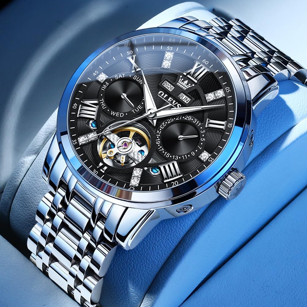 OLEVS Reloj automático para hombre de lujo en acero inoxidable con esqueleto y diamantes