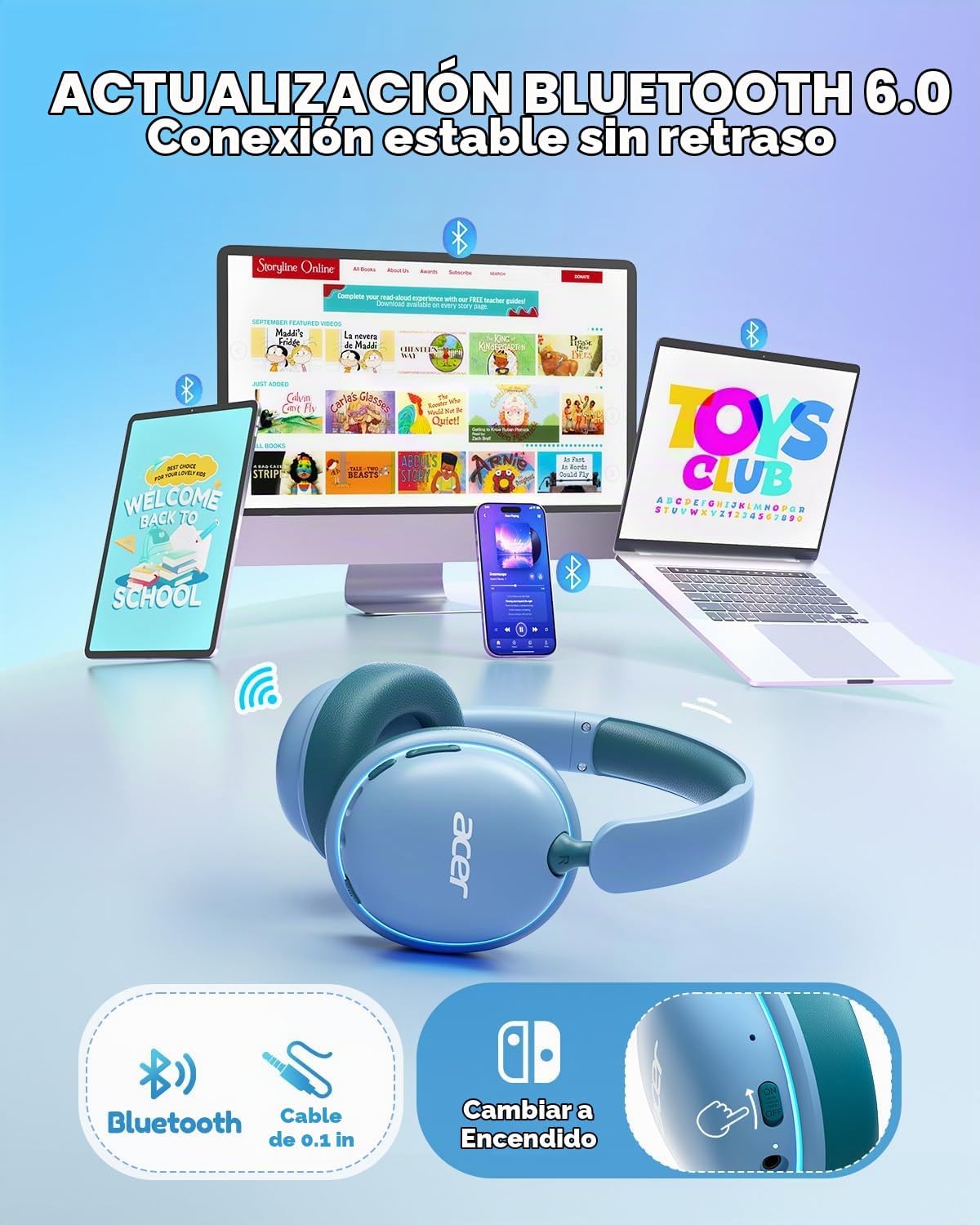 Acer OHR727 - Auriculares Bluetooth para niños, diseño cómodo sobre la