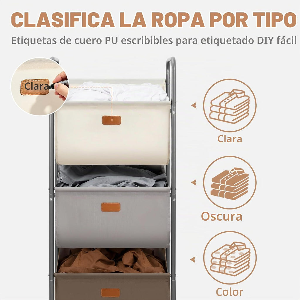 STORAGE MANIAC Cesta de lavandería rodante vertical de 120 litros, clasificador de ropa sucia de 3 secciones con ruedas y 2 frenos, cestas de lavandería de 3 niveles para espacio pequeño, dormitorio