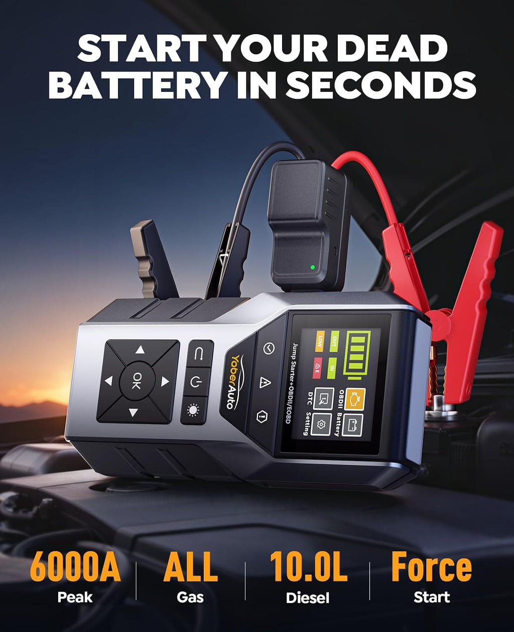 YaberAuto arrancador portátil del salto del coche 6000A con el escáner OBD2