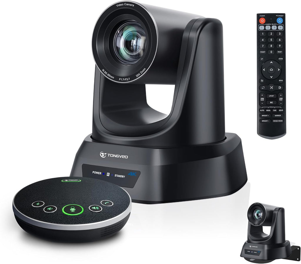 TONGVEO Sistema de cámara de conferencia PTZ de seguimiento automático 4K AI con altavoz Bluetooth y micrófono, zoom óptico 20X, cámara de potencia PoE USB 3.0 HDMI LAN para adoración de la iglesia, reuniones, transmisión