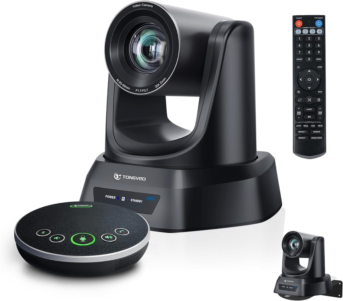 TONGVEO Sistema de cámara de conferencia PTZ de seguimiento automático 4K AI con altavoz Bluetooth y micrófono, zoom óptico 20X, cámara de potencia PoE USB 3.0 HDMI LAN para adoración de la iglesia, reuniones, transmisión
