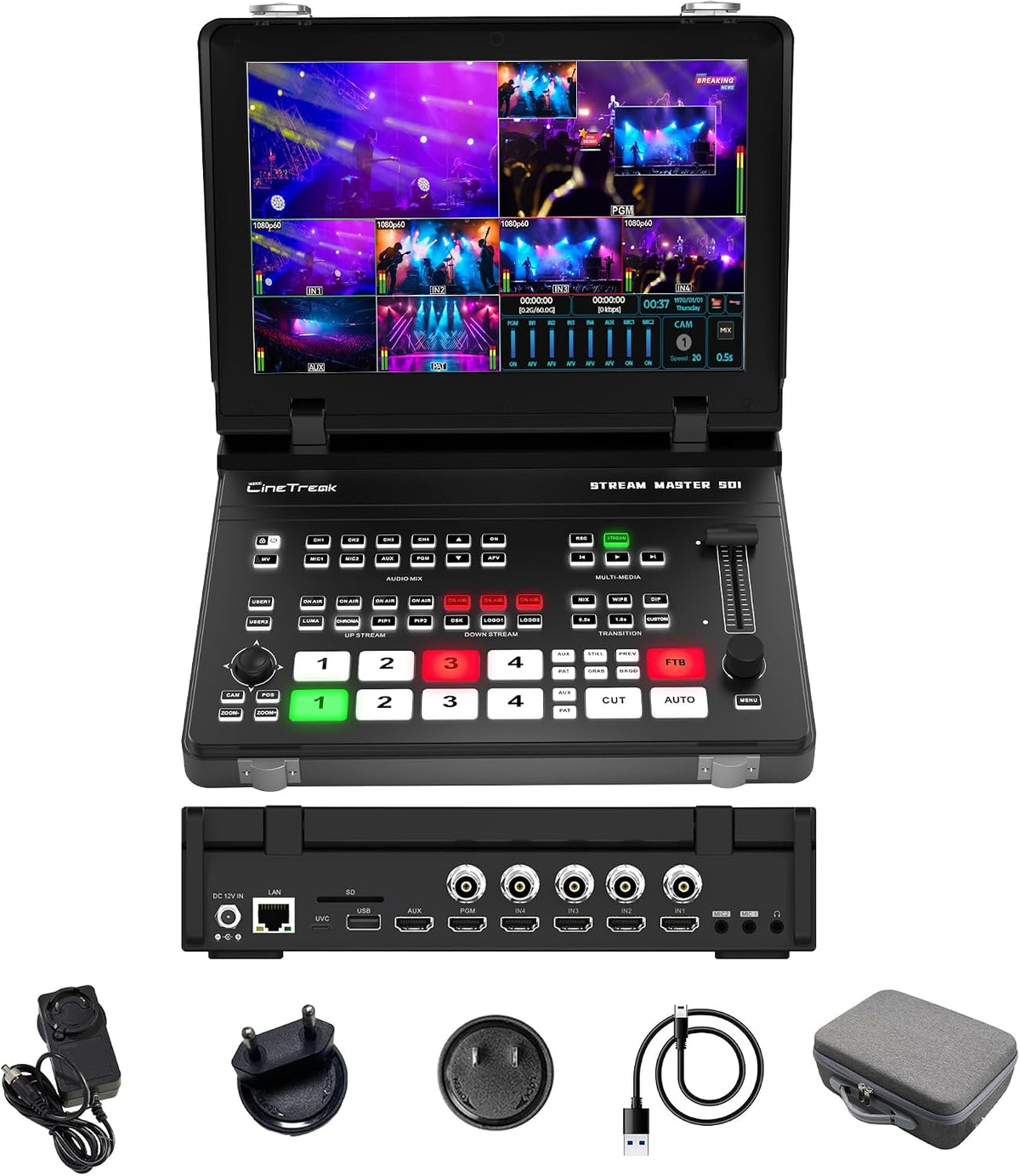 CINETREAK Conmutador de video SDI Stream Master, 4 entradas SDI/HDMI, pantalla de 10 pulgadas, control IP inalámbrico, mezclador de video de transmisión RTMP dual (NDI actualizable)