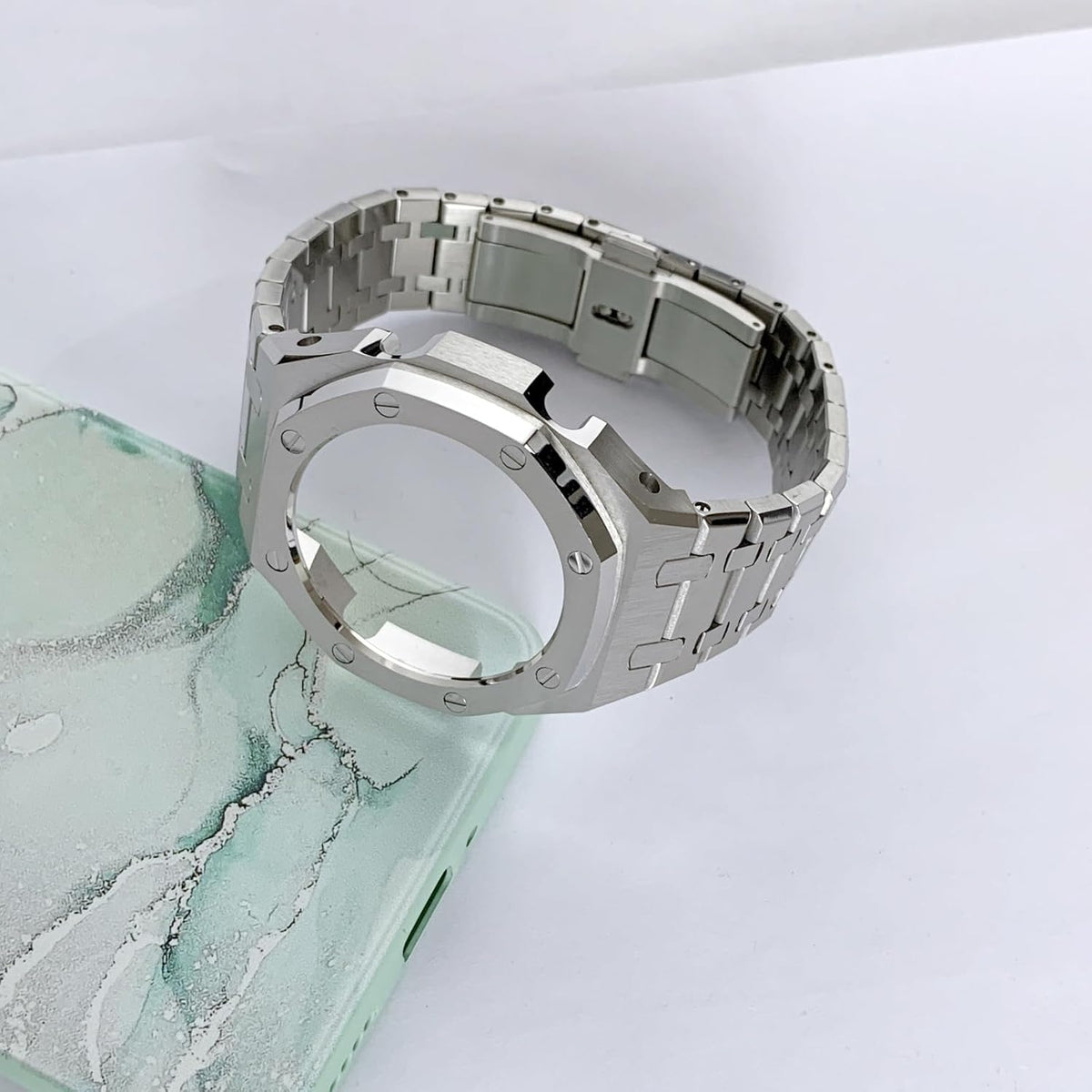 Ga2100 - Funda para correa de reloj, piezas de kit de modificación, bisel de banda de acero inoxidable de metal 316L, anillo de accesorios de roble real personalizado, compatible con relojes