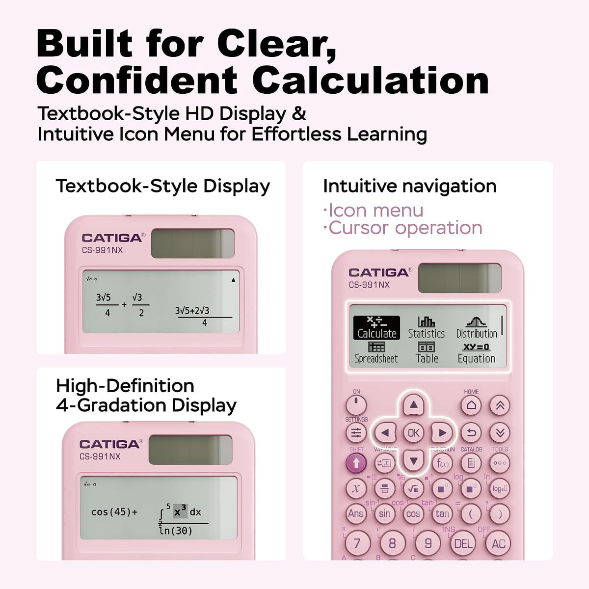 CATIGA Calculadora científica rosa con pantalla HD estilo libro de texto, calculadoras científicas solares y de batería para estudiantes universitarios, secundaria e ingeniería, menú de iconos y