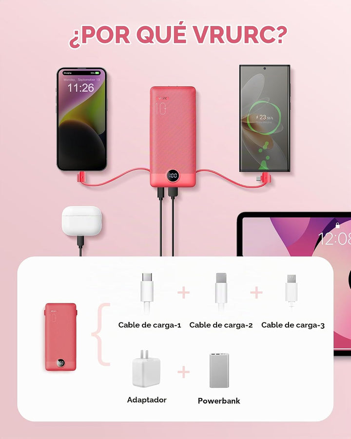 Cargador portátil con cables integrados y enchufe de pared AC, VRUR...