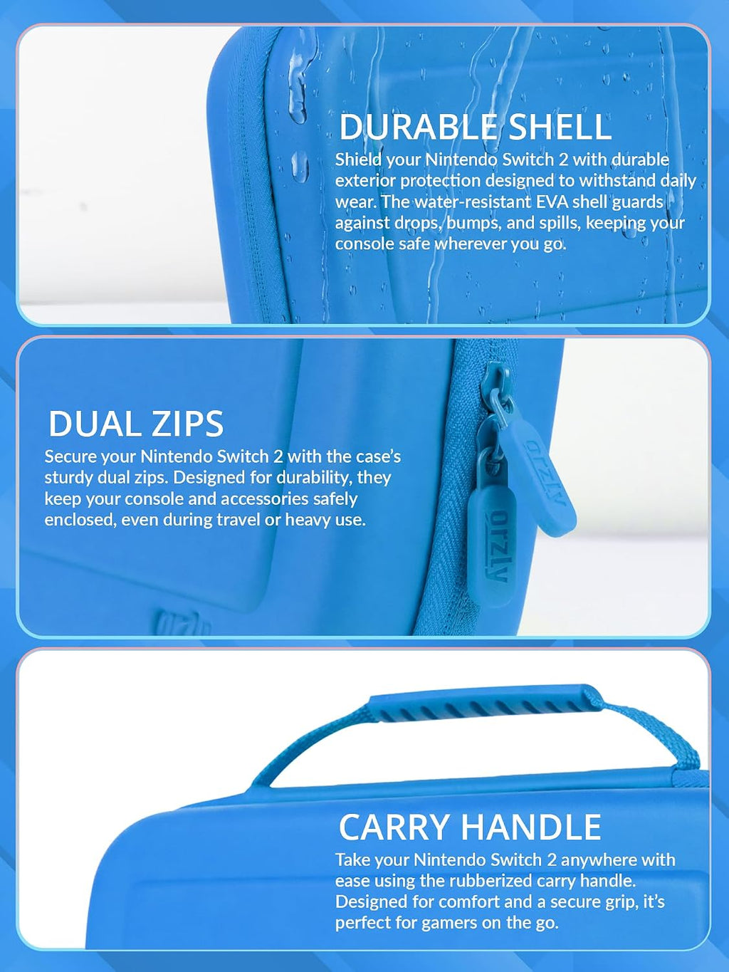 Orzly Funda compatible con Nintendo Switch 2 – Funda protectora de transporte de viaje con acolchado de pantalla, tarjetas de juego y ranuras para microSD, bolsillos con cremallera y abiertos para accesorios – 7.9 pulgadas en caja de regalo