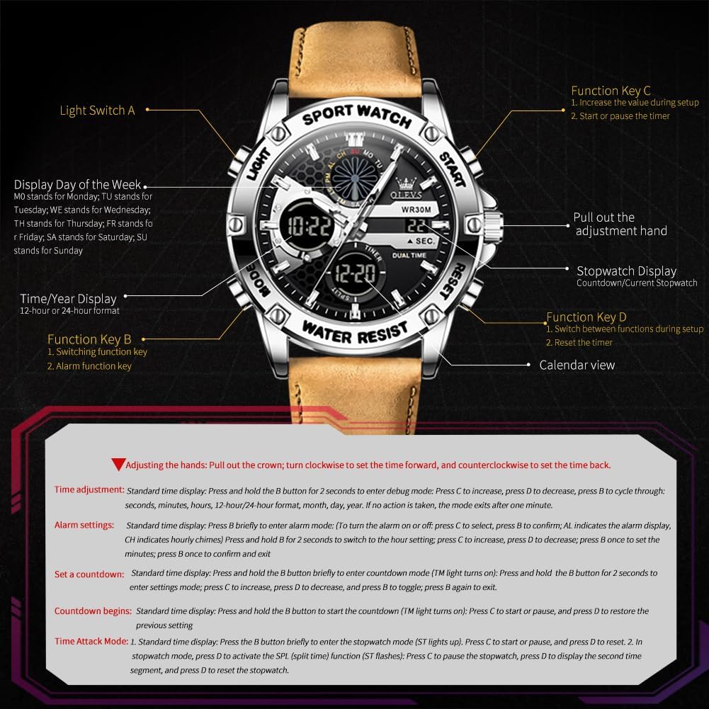 OLEVS Relojes para Hombre Moda Fecha Regalo Cronógrafo Reloj para Hombre Gran Negocio Digital Calendario Resistente al Agua Reloj de Muñeca para Hombre