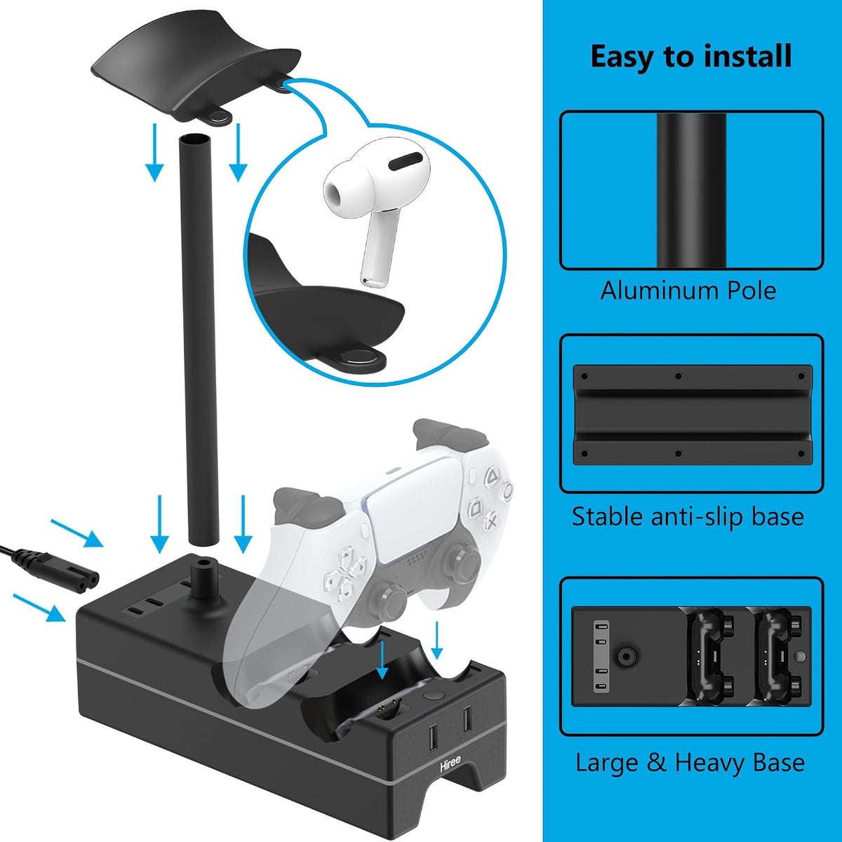 Cargador para PS5 con puerto de carga USB y toma de corriente, estación de carga RGB DualSense para controles de Playstation 5 con soporte para audífonos, accesorios PS5
