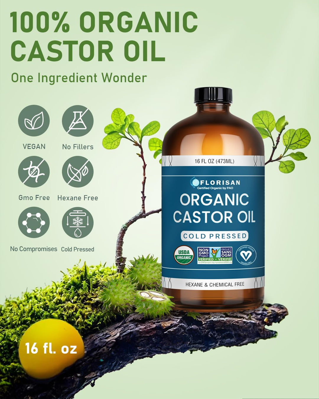Florisan Aceite de ricino orgánico certificado USDA Botella de vidr...