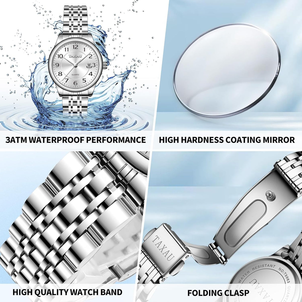 Reloj de Mujer Elegante Analógico a Cuarzo con Carga de Fecha, Números Arábigos Grandes, Impermeable, Dos Tonos, Acero Inoxidable, Pequeño, Reloj de Muñeca
