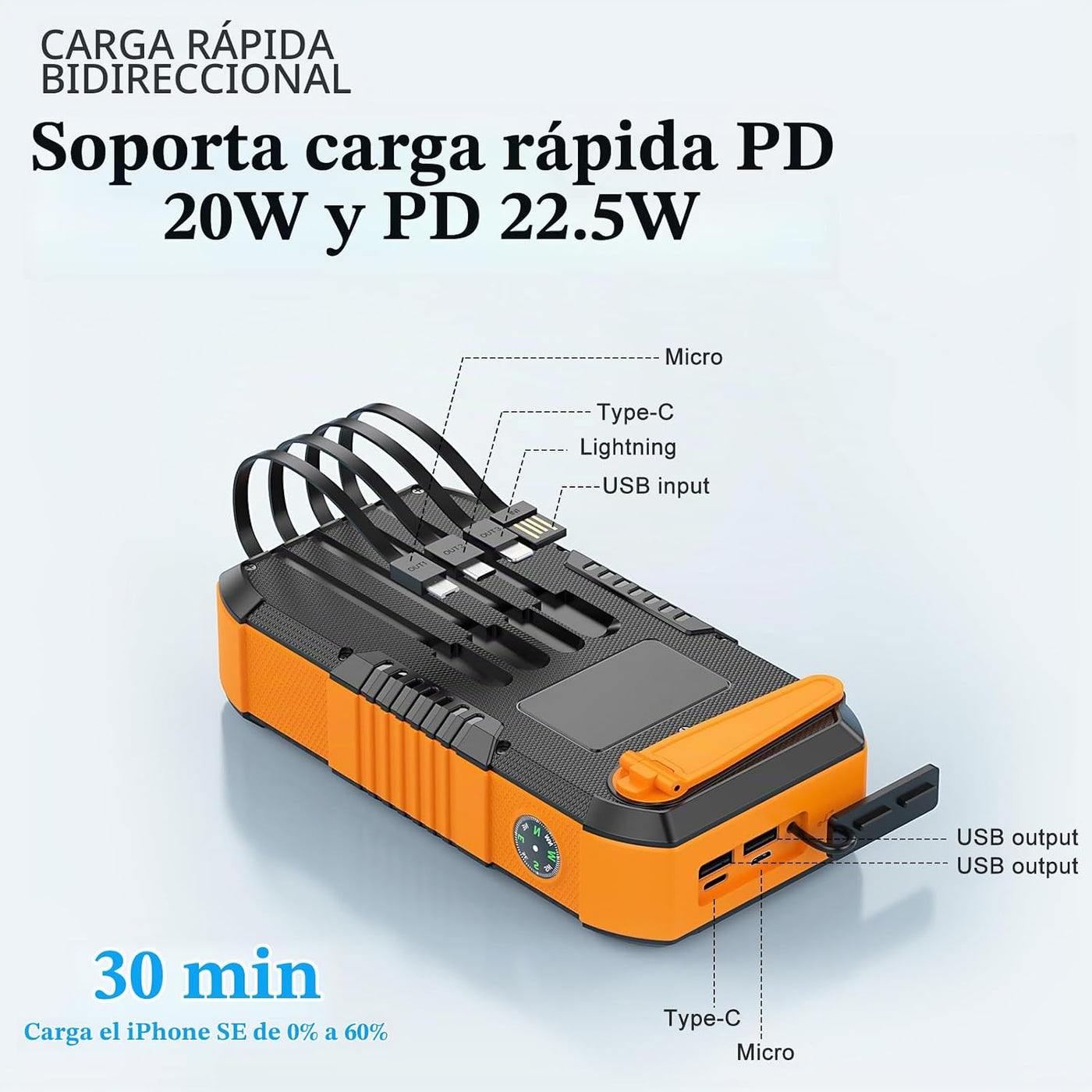kigoker Hand CrankPower Bank 66800mAh y 4 cables 22.5W carga rápida...