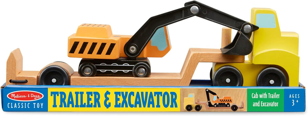 Melissa & Doug Juego de vehículos de madera para remolque y excavadora (3 piezas)