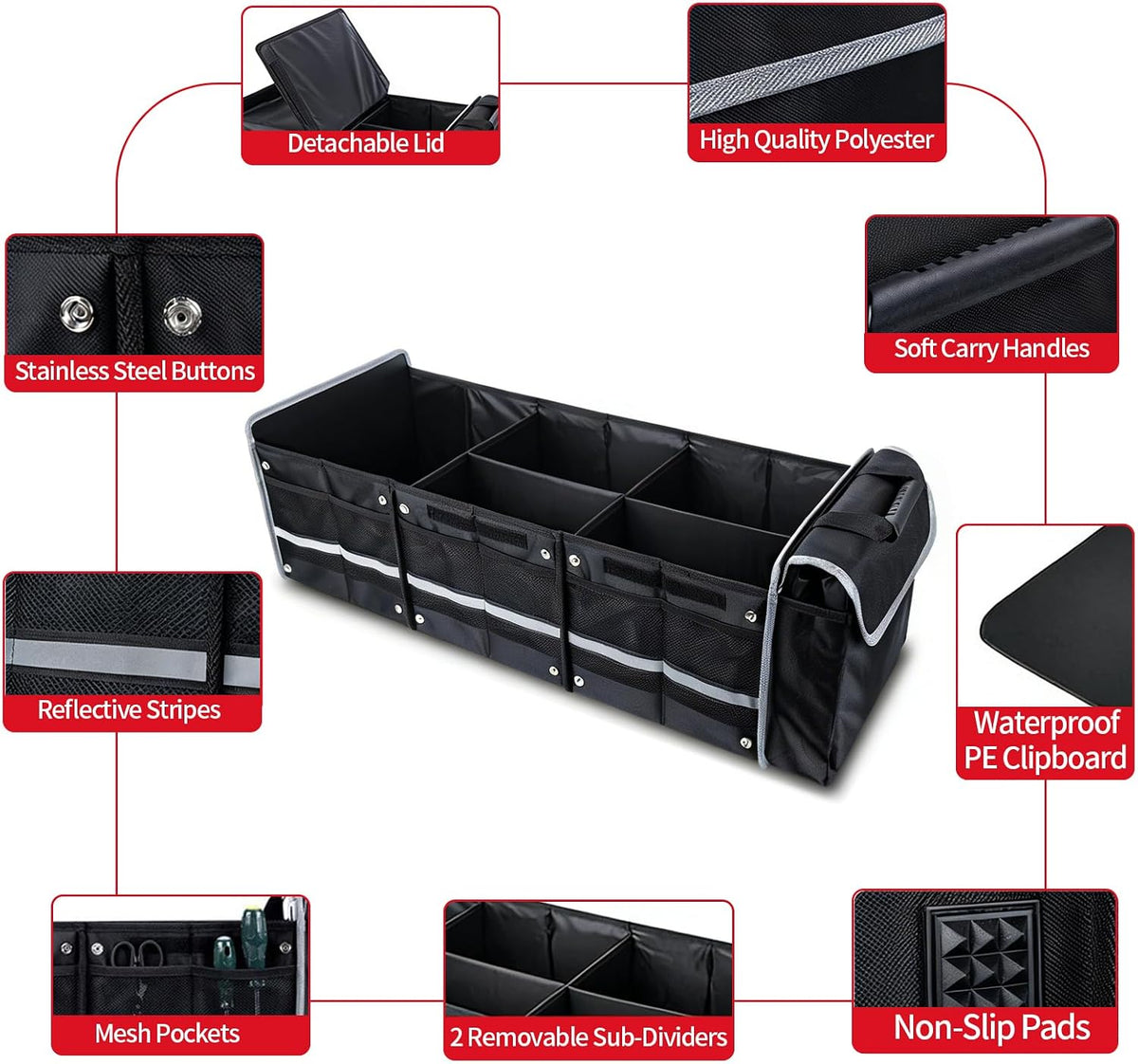Organizador de maletero de automóvil con bolsa enfriadora extraíble, almacenamiento plegable con múltiples compartimentos para SUV, camión, comestibles, campamento, organizador de carga de