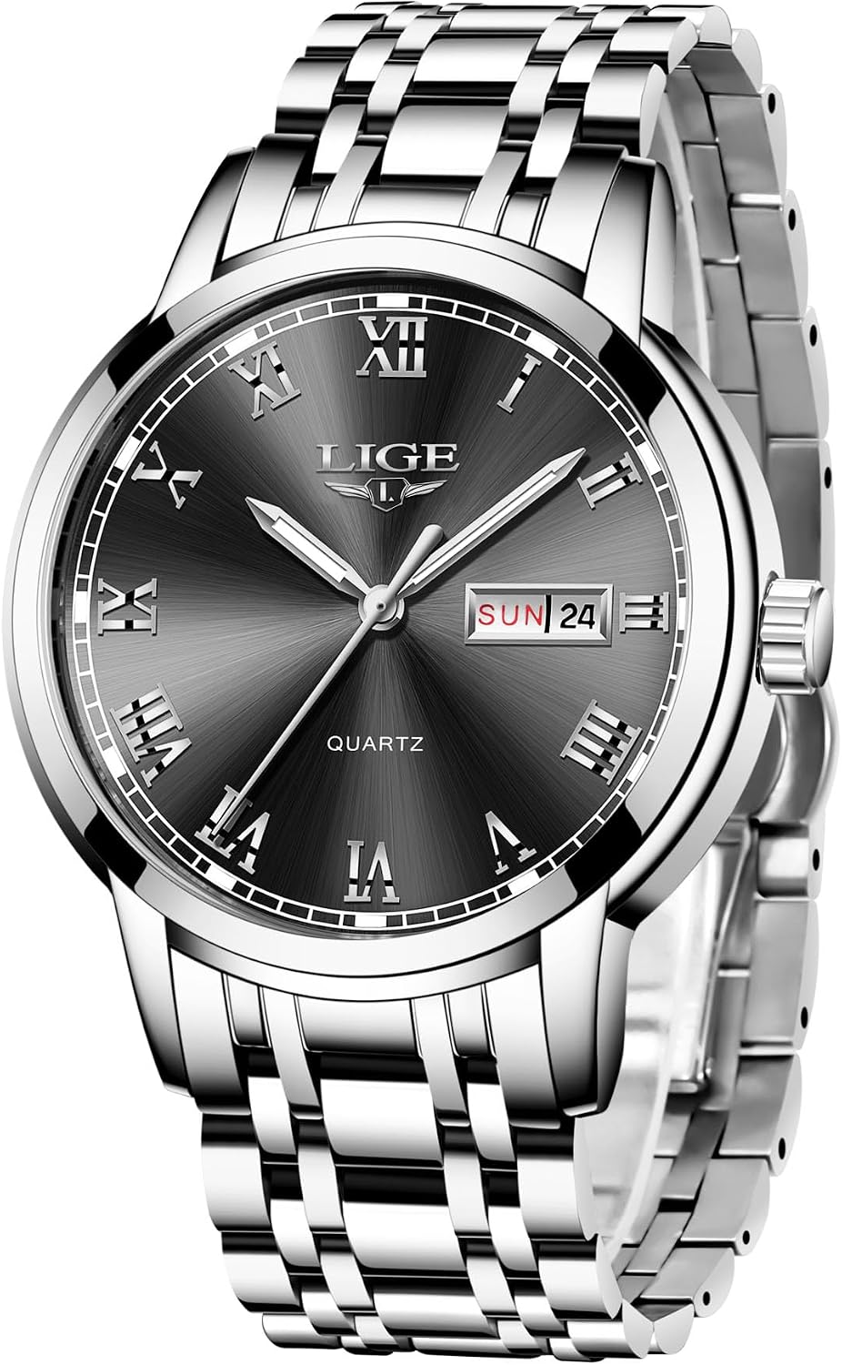 LIGE Reloj para hombre, relojes analógicos de pulsera para hombre, estilo de acero inoxidable, función de calendario de movimiento de cuarzo, impermeable 3ATM, pantalla luminosa transparente