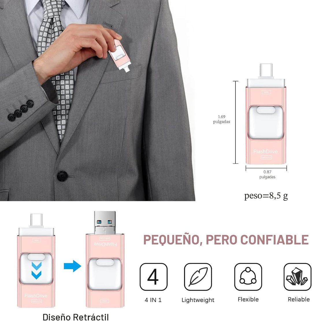 Unidad flash para iPhone 256GB, 4 en 1 memoria USB tipo C, memoria...