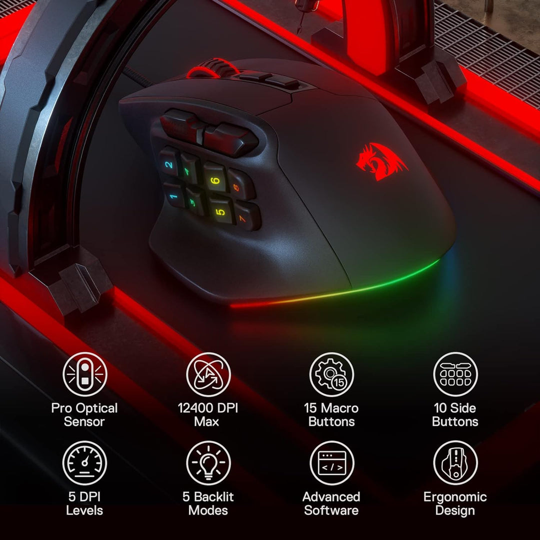 Redragon M811 Aatrox - Ratón para juegos MMO, 15 botones programabl...